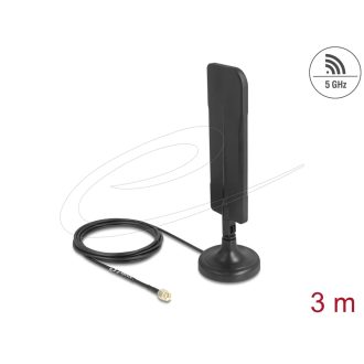  Delock WiFi 5,8 GHz-es antenna RP-SMA-dugó 3 dBi mindenirányú RG-174 csatlakozó kábellel 3 m, billenőcsuklóval és mágneses alappal, fekete színű (10038)