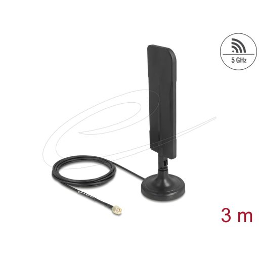 Delock WiFi 5,8 GHz-es antenna RP-SMA-dugó 3 dBi mindenirányú RG-174 csatlakozó kábellel 3 m, billenőcsuklóval és mágneses alappal, fekete színű (10038)