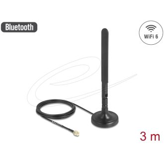   Delock WiFi 6-es antenna RP-SMA-dugó 3 dBi mindenirányú RG-174 csatlakozó kábellel 3 m, billenőcsuklóval és mágneses alappal, fekete színű (10039)