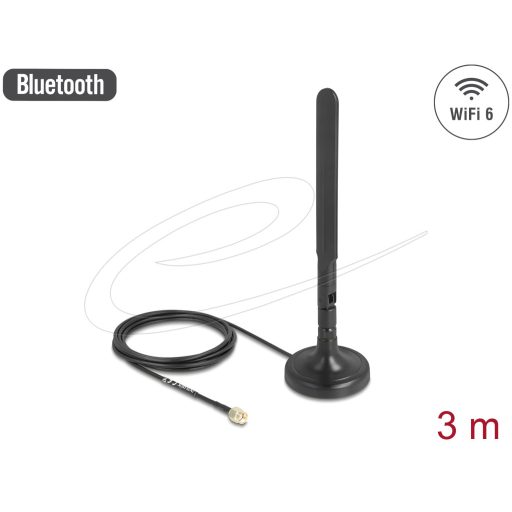 Delock WiFi 6-es antenna RP-SMA-dugó 3 dBi mindenirányú RG-174 csatlakozó kábellel 3 m, billenőcsuklóval és mágneses alappal, fekete színű (10039)