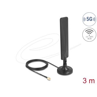   Delock 5G LTE-es antenna SMA-dugó 3 dBi mindenirányú RG-174 csatlakozó kábellel 3 m, billenőcsuklóval és mágneses alappal, fekete színű (10040)