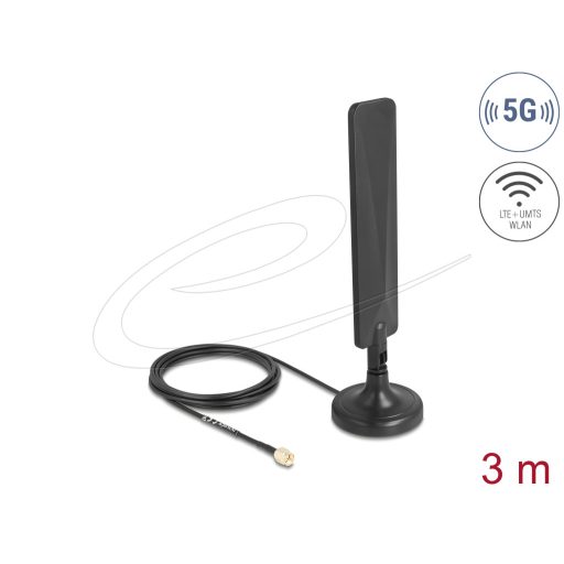 Delock 5G LTE-es antenna SMA-dugó 3 dBi mindenirányú RG-174 csatlakozó kábellel 3 m, billenőcsuklóval és mágneses alappal, fekete színű (10040)