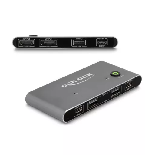 Delock USB-C -s KVM kapcsoló HDMI és DisplayPort-hoz 8K MST USB 2.0 csatlakozó felülettel (11485)