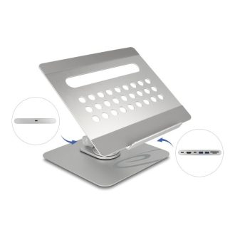   Delock Tablet és laptop állvány beépített dokkoló állomással 4K - HDMI / Kártyaolvasó / Hub / PD 3.0 90 W - 360  forgatható (18457)