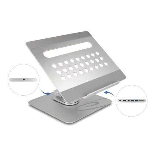Delock Tablet és laptop állvány beépített dokkoló állomással 4K - HDMI / Kártyaolvasó / Hub / PD 3.0 90 W - 360  forgatható (18457)