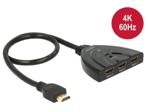 Delock HDMI UHD-kapcsoló, 3 x HDMI-bemenet > 1 x HDMI-kimenet, 4K integrált kábellel (50 cm)