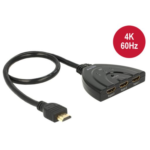 Delock HDMI UHD-kapcsoló, 3 x HDMI-bemenet > 1 x HDMI-kimenet, 4K integrált kábellel (50 cm) (18600)