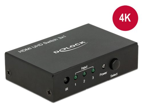 Delock HDMI UHD-kapcsoló, 3 x HDMI-bemenet > 1 x HDMI-kimenet, 4K