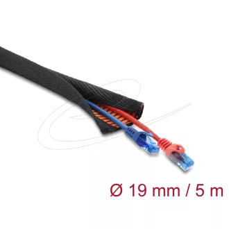   Delock Kábelvédő hüvely narancssárga, kopásfigyelmeztető jelzővel, önzáró, kétrétegű, 5 m x 19 mm, fekete (19023)