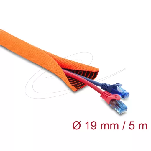 Delock Kábelvédő hüvely fekete kopásfigyelmeztető jelzővel, önzáró, kétrétegű, 5 m x 19 mm, narancssárga (19028)