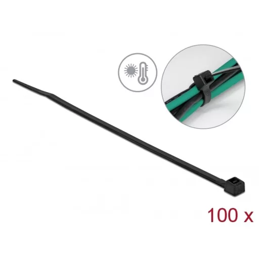 Delock Kábelkötöző ellenáll a forró hőmérsékletnek hossza 150 x szélessége 3,6 mm, 100 db. Fekete (19235)