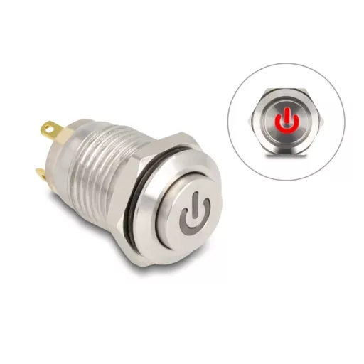 Delock Nyomógomb beszereléshez 12 mm 4 x forrasztási csatlakozó LED piros bekapcsolási szimbólum (20981)