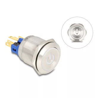   Delock Nyomógomb beszereléshez 22 mm 6 x forrasztási csatlakozó LED fehér bekapcsolási szimbólummal + gyűrű (20986)