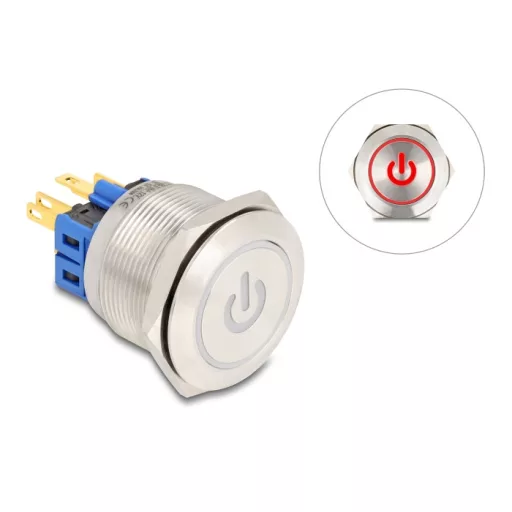 Delock Nyomógomb beszereléshez 25 mm 6 x forrasztási csatlakozó LED piros bekapcsolási szimbólummal + gyűrű (20987)