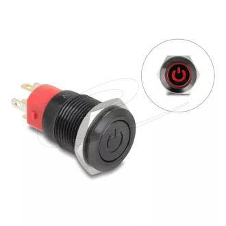   Delock Nyomó gomb beszereléshez fekete 16 mm 12 V 5 x forrasztási csatlakozás LED piros bekapcsolás szimbólum + gyűrű (22013)