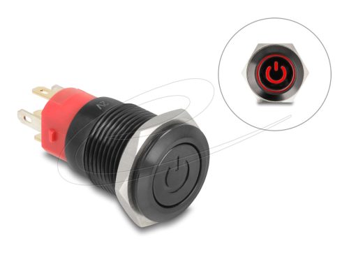 Delock Nyomó gomb beszereléshez fekete 16 mm 12 V 5 x forrasztási csatlakozás LED piros bekapcsolás szimbólum + gyűrű