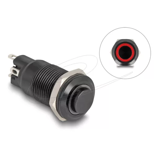 Delock Nyomó gomb beszereléshez fekete 12 mm 12 V 4 x forrasztási csatlakozás LED piros gyűrű (22014)