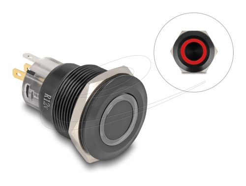 Delock Nyomó gomb beszereléshez fekete 22 mm 12 V 5 x forrasztási csatlakozás LED piros gyűrű