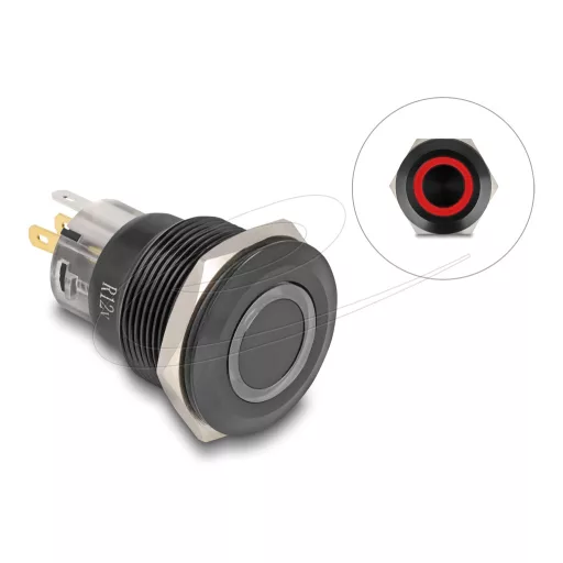 Delock Nyomó gomb beszereléshez fekete 22 mm 12 V 5 x forrasztási csatlakozás LED piros gyűrű (22015)