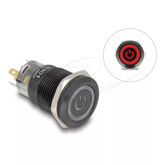  Delock Nyomó gomb beszereléshez fekete 19 mm 12 V 5 x forrasztási csatlakozás LED piros bekapcsolás szimbólum + gyűrű (22023)