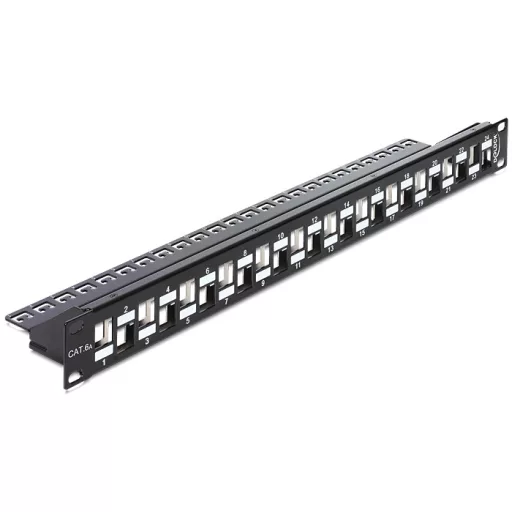 Delock 19" méretű, 24db lépcsőzetes elrendezésű porttal rendelkező Keystone patchpanel tehermentesít (43278)