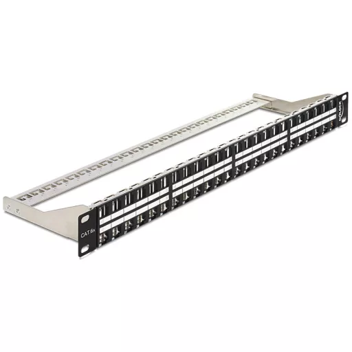 Delock 19" méretű, 48 portos Keystone 1U patchpanel tehermentesítővel (43280)