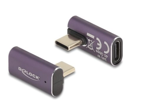 Delock USB Adapter 40 Gbps USB Type-C  PD 3.1 240 W csatlakozódugóval - csatlakozóhüvellyel, elforgatott ívelt bal / jobb 8K 60 Hz fém