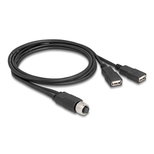 Delock M12 kábel A-kódú, 8 tűs anya- 2 x USB 2.0 A-típusú anya 1 m fekete (60290)
