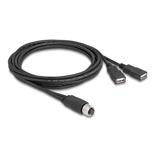 Delock M12 kábel A-kódú, 8 tűs anya- 2 x USB 2.0 A-típusú anya 2 m fekete (60291)