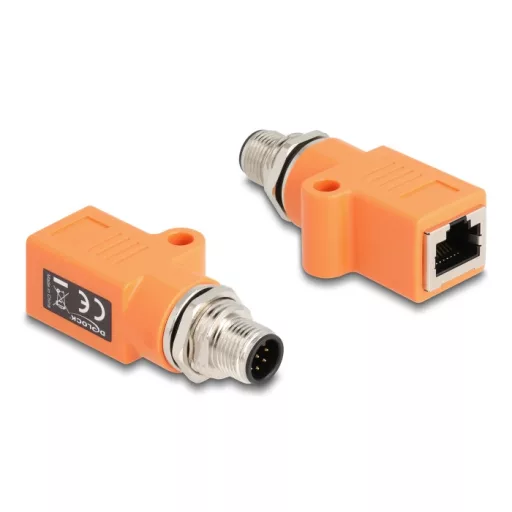 Delock M12 A-kódolt adapter 8 tűs apa - RJ45 anya Cat.5e beszerelő mélyedéssel egyenes, narancssárga színű (60617)