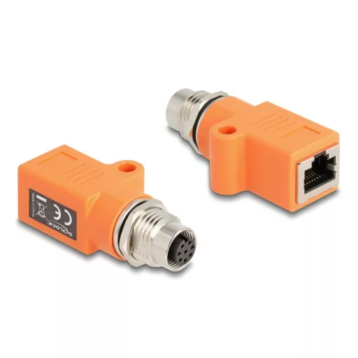 Delock M12 A-kódolt adapter 8 tűs anya - RJ45 anya Cat.5e beszerelő mélyedéssel, egyenes, narancssárga színű (60618)