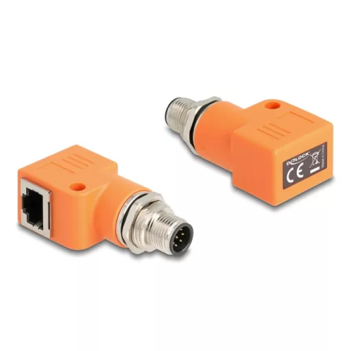 Delock M12 A-kódolt adapter 8 tűs apa - RJ45 anya Cat.5e beszerelő mélyedéssel, 90 -ban hajlított, narancssárga színű (60627)