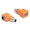 Delock M12 A-kódolt adapter 8 tűs apa - RJ45 anya Cat.5e beszerelő mélyedéssel, 90 -ban hajlított, narancssárga színű (60627)