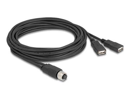 Delock M12 kábel A-kódú, 8 tűs anya- 2 x USB 2.0 A-típusú anya 3 m fekete