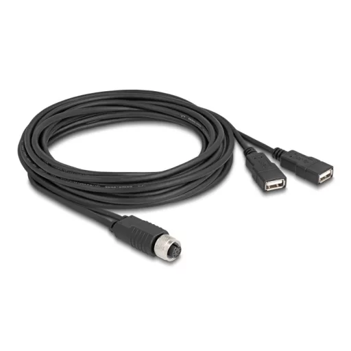 Delock M12 kábel A-kódú, 8 tűs anya- 2 x USB 2.0 A-típusú anya 3 m fekete (60651)
