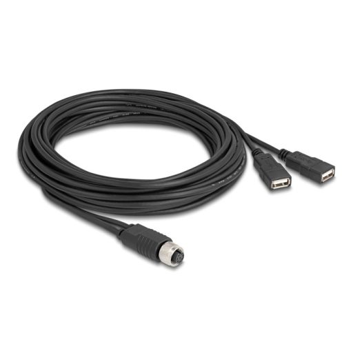 Delock M12 kábel A-kódú, 8 tűs anya- 2 x USB 2.0 A-típusú anya 5 m fekete (60652)