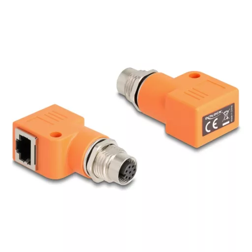 Delock M12 A-kódolt adapter 8 tűs anya - RJ45 anya Cat.5e beszerelő mélyedéssel, 90 -ban hajlított, narancssárga színű (60668)