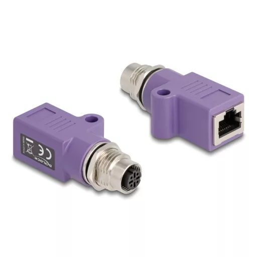 Delock M12 D-kódolt adapter 4 tűs anya - RJ45 anya Cat.5e beszerelő mélyedéssel, egyenes, lila színű (60678)
