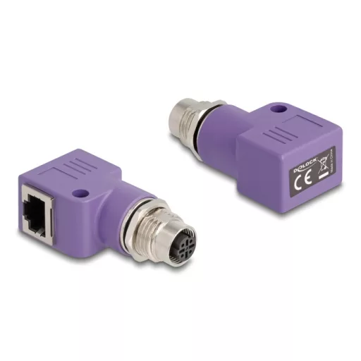 Delock M12 D-kódolt adapter 4 tűs anya - RJ45 anya Cat.5e beszerelő mélyedéssel, 90 -ban hajlított, ibolya színű (60680)