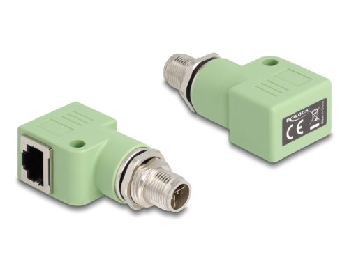 Delock M12 X-kódolt adapter 8 tűs apa - RJ45 anya Cat.5e beszerelő mélyedéssel, 90 -ban hajlított, zöld színű