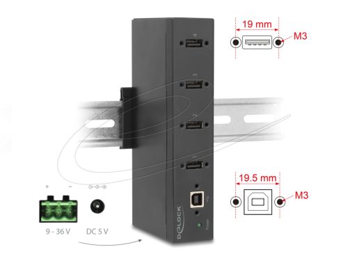 Delock Ipari Hub 4 x USB 2.0 A-típusú 15 kV ESD védelemmel és DIN sín beépítéssel