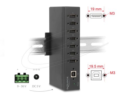 Delock Ipari Hub 7 x USB 2.0 A-típusú 15 kV ESD védelemmel és DIN sín beépítéssel