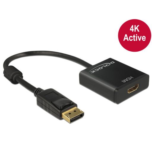 Delock Adapter Displayport 1.2-dugós csatlakozó > HDMI-csatlakozóhüvely 4K aktív, 20cm, fekete (62607)