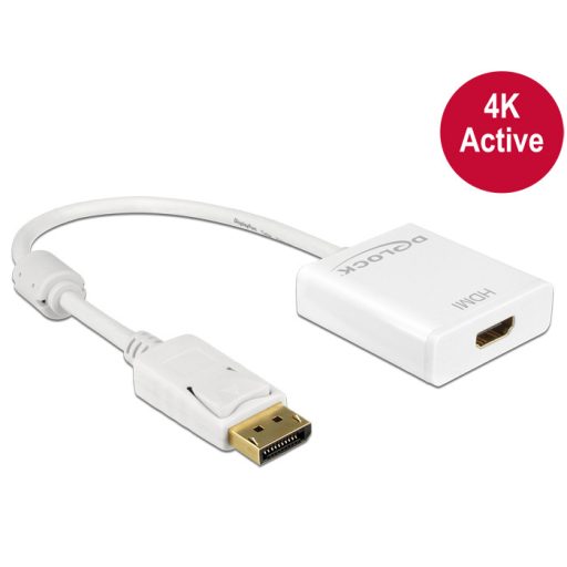 Delock Adapter Displayport 1.2-dugós csatlakozó > HDMI-csatlakozóhüvely 4K aktív, 20cm, fehér (62608)