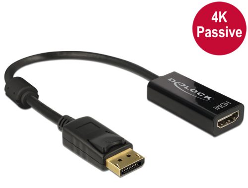Delock Adapter Displayport 1.2-dugós csatlakozó > HDMI-csatlakozóhüvely 4K passzív, 20cm, fekete (62609)