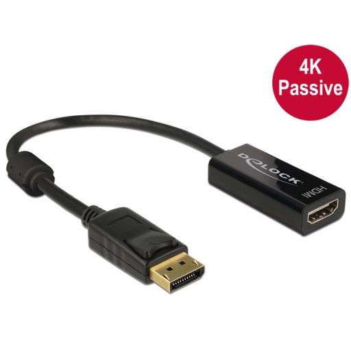 Delock Adapter Displayport 1.2-dugós csatlakozó > HDMI-csatlakozóhüvely 4K passzív, 20cm, fekete (62609)