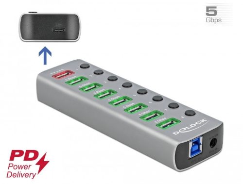 Delock USB 3.2 Gen 1 hub 7 porttal valamint 1 gyorstöltő porttal és 1 USB-C  PD 3.0 porttal kapcsoló (63264)