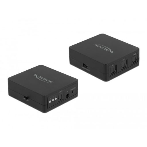 Delock S/PDIF TOSLINK kapcsoló 3 bemenettel és 1 kimenettel infrasugaras távkapcsolóval és USB Tápellátással (63395)