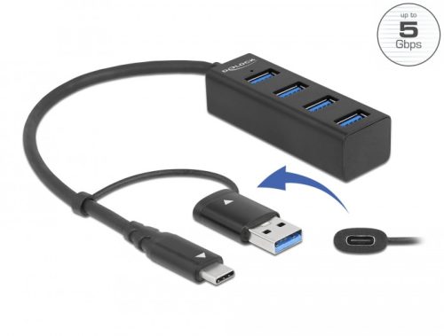 Delock 4 Port USB 3.2 Gen 1 Hub USB Type-C  vagy A-típusú USB konnektorral (63828)