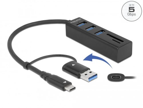 Delock 3 Port USB 3.2 Gen 1 Hub + SD és Micro SD kártyaolvasó USB Type-C  vagy A-típusú USB konnekto (63859)